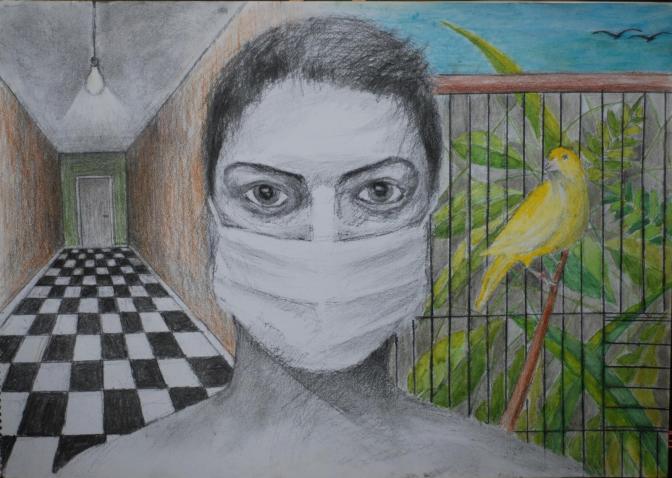 Μαριλένα Ζολώτα - Marilena Zolota, Υγιεινή ζωή - Healthy life, 34x48cm, Χρωματιστά μολύβια και κάρβουνο - Colored pencils and charcoal