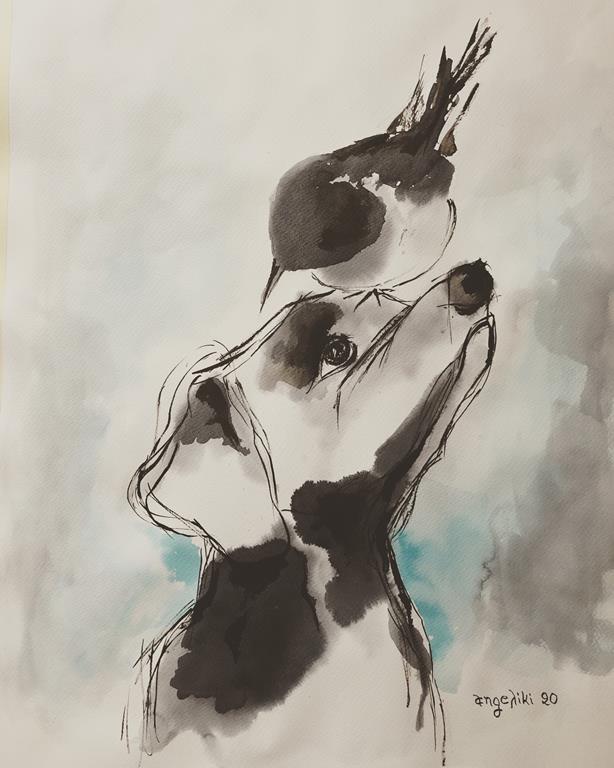 Αγγελική Παπακωνσταντίνου, Look at me, 70x50cm, Ακουαρέλα και σινική μελάνη